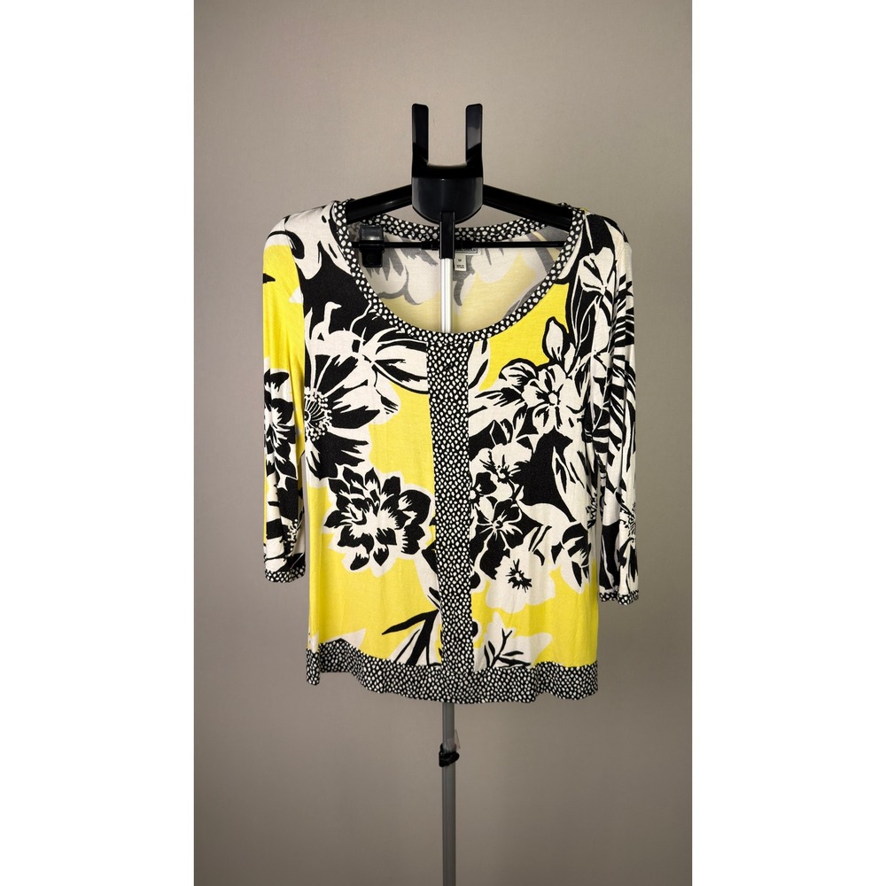 Dana Buchman Womens Yellow Black Floral Polka Dot 3/4 Sleeve Knit Top Size M